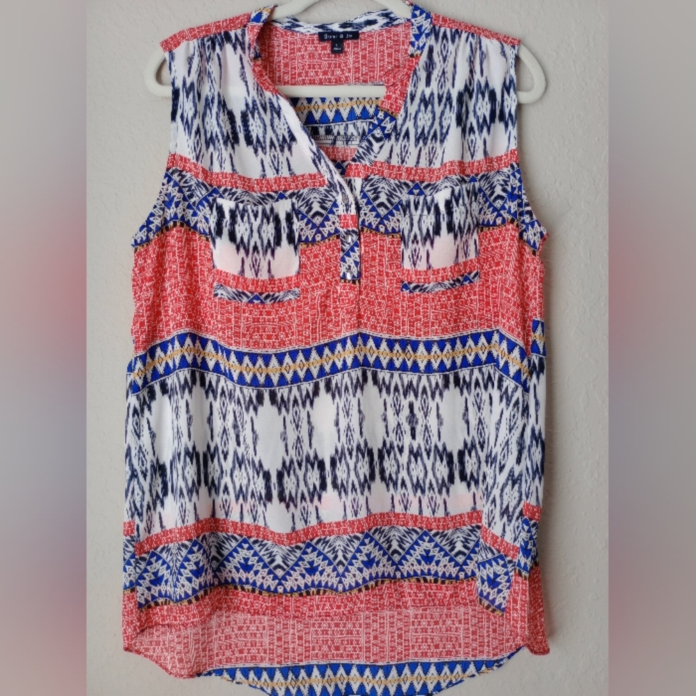 Sami & Jo Blue and Pink Sleeveless Blouse with Mandarin Collar Size L